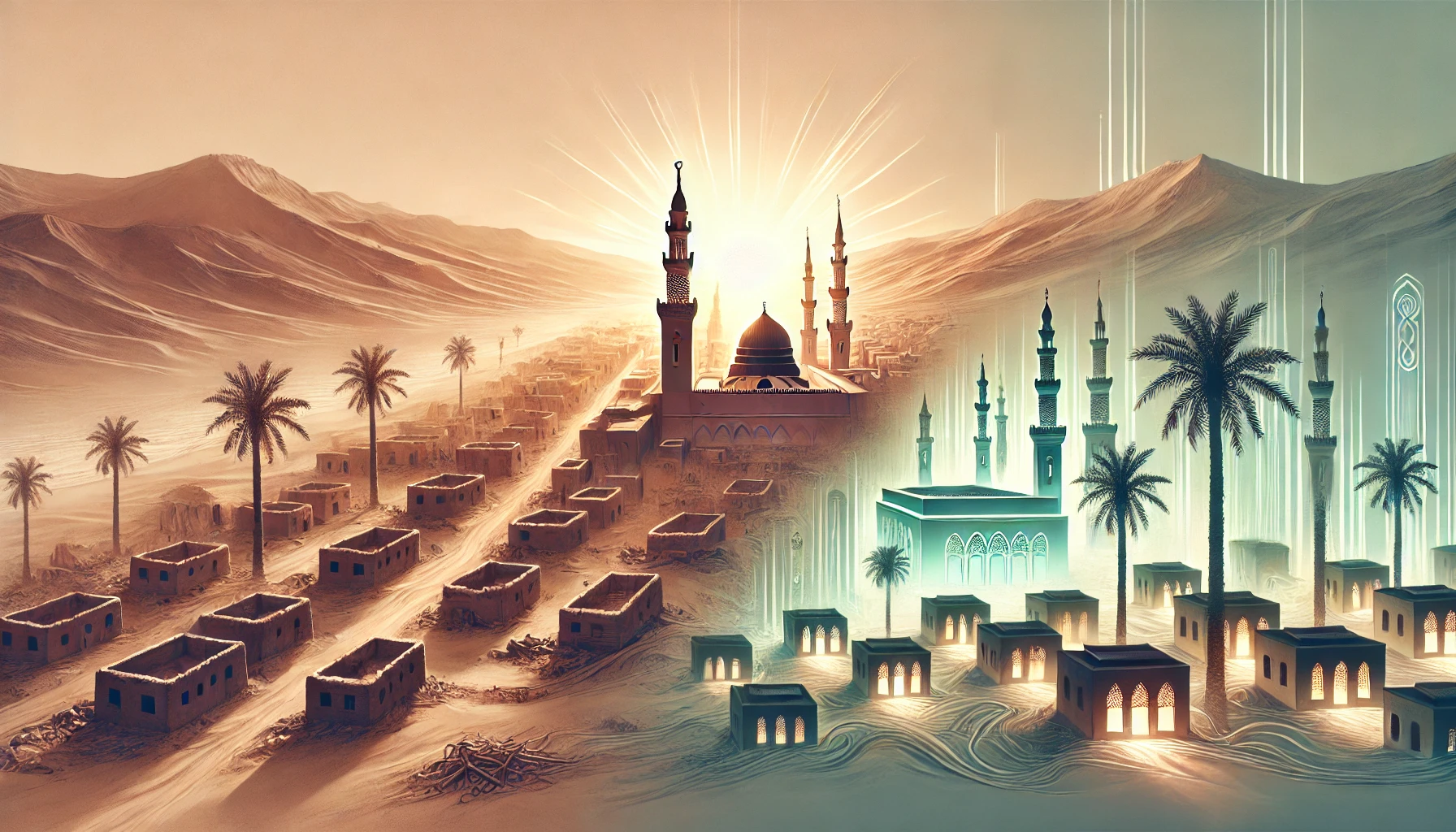 DALL·E 2024 12 15 12.09.13 An artistic representation of the historical transformation of the city of Medina formerly Yathrib showing on one side an ancient desert settlement