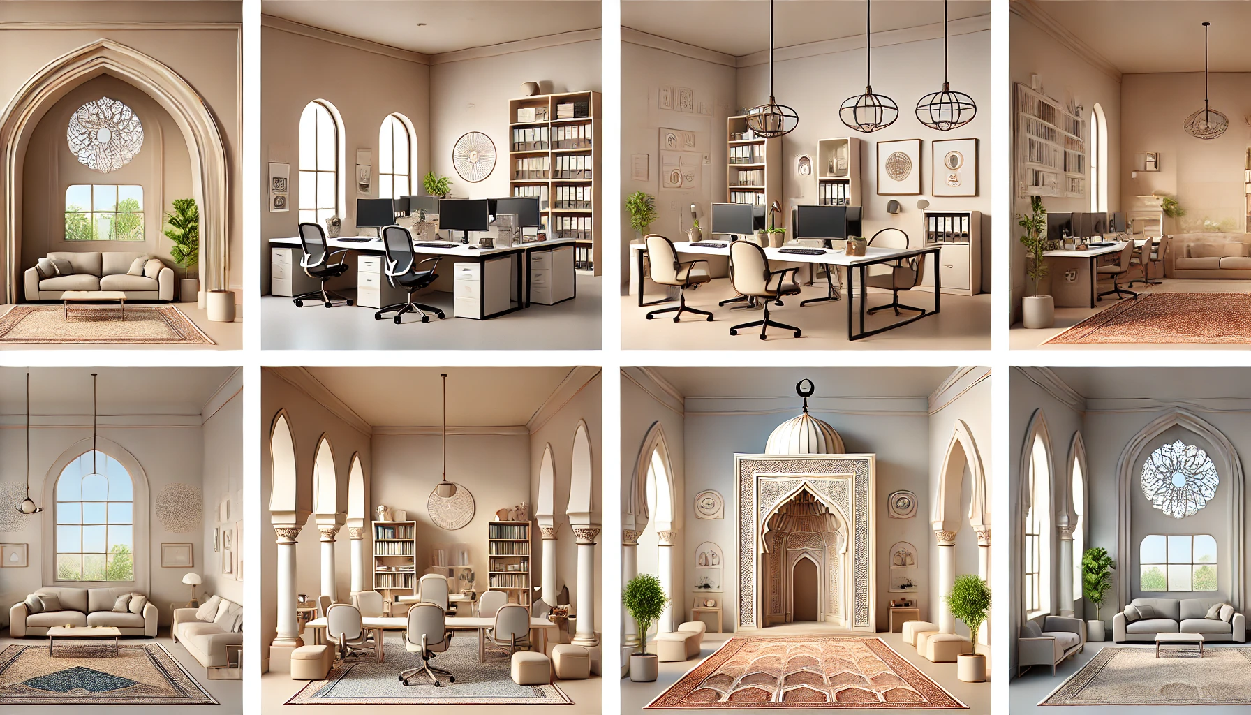 DALL·E 2024 12 18 12.12.16 A realistic educational illustration depicting locations such as an office with desks chairs workspace and a mosque with arches and prayer areas. T